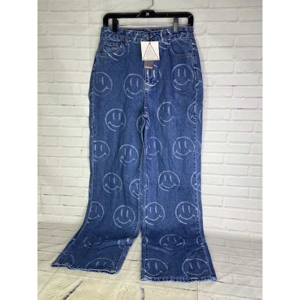 Boohoo Blue Womens Size 8 Loose Straight Leg Denim Jeans Smile Print Hippie NEW